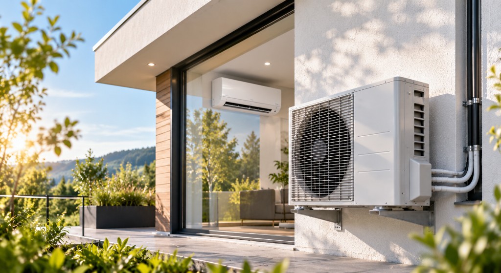 Moderne Split-Klimaanlage mit Außen- und Innengerät an einem Einfamilienhaus
