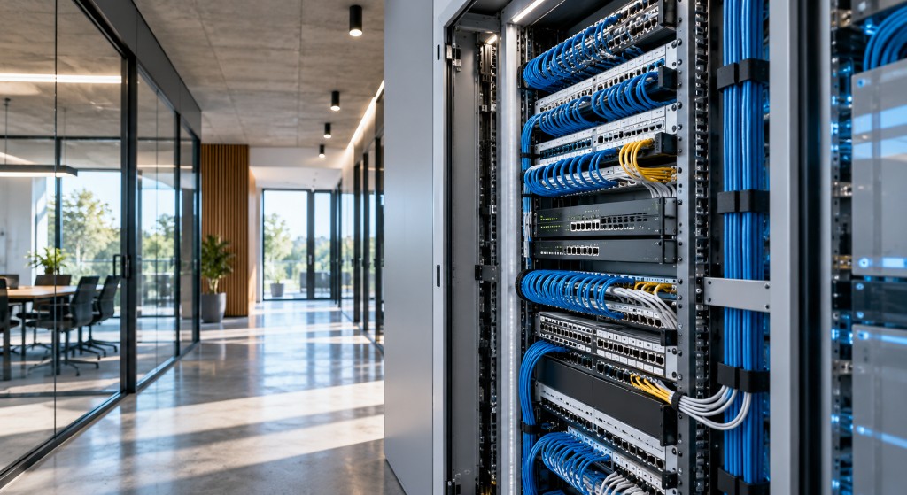 Modernes Netzwerk-Rack mit strukturierter Verkabelung